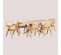 Set de table à manger rectangulaire 180x90 cm Arnaiz et 6 chaises avec accoudoirs en frêne et rotin Lali Bois Naturel