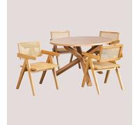 Set de table à manger ronde Ø120 cm Mieren et 4 chaises avec accoudoirs en frêne et rotin Lali Bois Naturel
