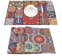Set de Table Boho Mandala Décoratif Lin Résistant à l'eau Ethnique Style Bohème Fleur Cachemire Lavable pour Cuisine Salle à Manger Lot de 4 45 x 32 cm