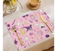 Set De Table Cartoon Witch 8 Pièces Set De Table Lavable Blush Powder, Tapis De Tables Tissu Napperon Rectangulaire Imprimé Gothic Starry Sky 45X30Cm pour Salle À Manger Cuisine Fête