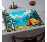 Set de table de cuisine et salle à manger de qualité supérieure pour camping au bord du lac avec des montagnes en arrière-plan, cadeaux pour filles dorées (1 pièce)