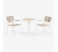 Set De Table De Jardin Ronde Ø65 Cm Et 2 Chaises De Jardin Empilables En Acier Et Bois D'acacia Tilda Blanc Gardenia Blanc
