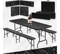 Set de table de tente à bière 3 pièces + 2x banc, résistant aux intempéries pour l'intérieur et l'extérieur, pliable avec poignées, plastique - aspect rotin anthracite