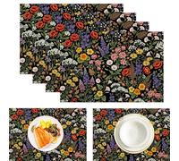 Set de Table Ensemble de 2 Pièces 45x30 cm Dessous de Plat Antidérapant Lavable Plantes rétro Coquelicot, Rose, Marguerite Rectangulaire Feuilles - Noir et Jaune
