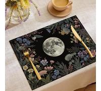 Set de Table Ensemble de 2 Pièces 45x30 cm Dessous de Plat Antidérapant Lavable Style Artistique Fantastique Fleurs Sauvages et Plantes Pleine Lune Rectangulaire Feuilles - Bleu-Vert
