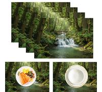 Set de Table Ensemble de 2 Pièces 45x30 cm Dessous de Plat Antidérapant Lavable Vert Rectangulaire Coton et Lin - Forêt Tropicale Humide Cascade en forêt