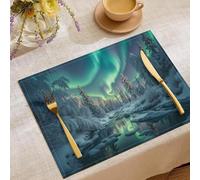 Set de Table Ensemble de 6 Pièces 45x30 cm Dessous de Plat Antidérapant Lavable Vert Rectangulaire Coton et Lin - Paysages naturels Forêt des aurores boréales