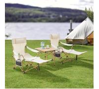 casa.pro Set de Table et 2 Chaises de Camping Pliantes d'Extérieur Siège Confortable avec Dossier Réglable Appuie-Tête Repose-Pieds Porte-Gobelet pour Festival Pêche Pique-Nique Plage Acier Beige
