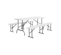 Set de table et bancs de réception. 180cm. pliables. avec poignée de transport. plastique blanc. table de camping