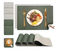 Set de Table et Dessous de Verre YIHELU, Sets de Table Lot de 6 Lavable Double Face Bicolore en Cuir, Set Table Antidérapants Faciles à Nettoyer (Vert/Blanc cassé, Lot de 6)