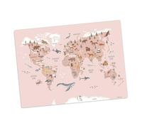Set de table lavable « Carte du monde animaux rose allemand » en vinyle de qualité supérieure - 44 x 32 cm - Antidérapant - Lavable - Fabriqué en Allemagne