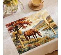 Set de Table Lavable Eau Potable Près Rivière Ma, Dessous de Plat Au Bord Rivière en Automne Résistant à la Chaleur et Antidérapant, Facile à Nettoyer et Stocker pour Cuisine Table à Manger, Brun