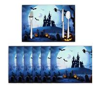 Set de Table Lavable Fête d'halloween, Lot de 6 Sets de Table Cimetières Et Maisons Hantées Antidérapant Résistant à la Chaleur pour Table de Cuisine et Salle à Manger Décoration de fête, Bleu