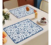 Set de Table Lavable Fleur Bleue Lot De 8 Set Table Rectangulaire,Napperons Résistant À Chaleur Antidérapant, pour Cuisine Tables Manger, Facile À Nettoyer Et Stocker