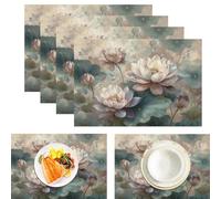 Set de Table Printemps 4 Pièces Lavable en Tissu, Napperon Rectangulaire Imprimé Style de Peinture à l'encre Florale Nénuphars en Fleurs 30 X 45 cm pour Salle à Manger, Cuisine, Fête Rose Vert