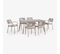 Set de table rectangulaire 160x90 cm et 6 chaises de salle à manger empilables en corde tressée Arhiza Moka Brown