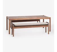 Set de table rectangulaire 180x90 cm et 2 bancs de salle à manger en bois d'acacia et corde tressée Karvia Brun Acacia