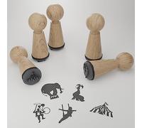 Set de tampons Cirque - Motifs magiques pour des projets créatifs, idée cadeau cirque avec acrobates, animaux & magiciens, haute qualité, bois de hêtre
