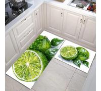 Set De Tapis De Cuisine 2 Pièces, Tapis De Cuisine Antidérapant Anti-Fatigue Citron Vert Aquarelle 3D, Paillasson De Maison Absorbante Lavable Illustration Botanique, 43X75Cm+43X150Cm, Vert Émeraude