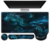 Set de tapis de souris 4-en-1, tapis de souris avec coussin en gel + repose-poignet + clavier + sous-verre + grand tapis de souris - Sous-main de bureau avec design ergonomique pour le bureau