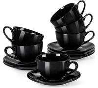 Set de tasses en porcelaine, LOVECASA Tasses à café avec soucoupes pour 6 personnes, tasses à thé, cappuccino, espresso. noir