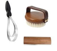 Set de Toilettage pour Cheval en Bois Massif Artisanal, Kit 3 Pièces Avec Raclette Simple et Double Poignée et Brosse pour Nettoyage Équin