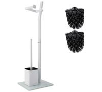 Set De Toilette WC - Blanc -22X18X70Cm- Porte-Papier Toilette Et Brosse De Toilette INCL. - Acier Inoxydable - Base en Verre -Plus: 1+2 Têtes De Brosse De Rechange!