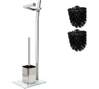 Set De Toilette WC - Chromé Brillant -22X18X70Cm- Porte-Papier Toilette Et Brosse De Toilette INCL. - Acier Inoxydable - Base en Verre -Plus: 1+2 Têtes De Brosse De Rechange!