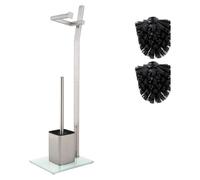 Set De Toilette WC - Chromé Mat -22X18X70Cm- Porte-Papier Toilette Et Brosse De Toilette INCL. - Acier Inoxydable Brossé - Base en Verre -Plus: 1+2 Têtes De Brosse De Rechange!