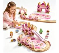 Set de train en bois rose avec princesses, princes et poneys 41 pièces
