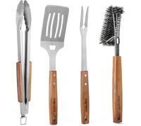 Set de Ustensiles pour Barbecue en Acier Inoxydable, Inclure Pince à Barbecue, Spatule, Fourchette à Barbecue et Brosse à Barbecue, avec Poignées en Bois et ?illets de Suspension, 4 Pièces
