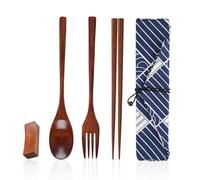 Set de vaisselle 3 pièces en bois, 1 sac en tissu, 1 porte-baguettes, set de vaisselle portable, baguettes, cuillères, fourchettes en bois, convient pour les pique-niques, les déjeuners au bureau