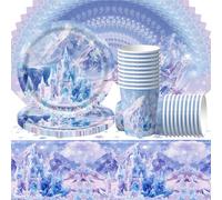 Set de vaisselle de fête violet 61 pièces, décoration de table Winter Wonderland, thème anniversaire, comprenant serviettes, gobelets en carton, assiettes en carton et nappe, pour 20 personnes