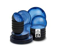 tectake® Service de table 24 pièces pour 6 personnes, Petites et Grandes Assiettes, Assiette creuse, Bols, Service vaisselle en faience, Vaisselle et Arts de la table, Set assiette et Bol, Bleu