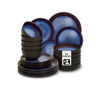 Service - TECTAKE - Set de vaisselle MARE 24 pièces en faïence émaillée 6 personnes fait main compatible lave-vaisselle - Bleu/Brun