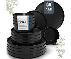 set de vaisselle en Grès Noir Manhattan 36 pièces - Service de Table 12 personnes - Design Urbain Élégant - Assiettes Noires Mattes - Compatible Lave-vaisselle et Micro-ondes - Style Moderne
