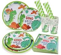 Set de vaisselle en papier pour fête d'anniversaire pour enfants Dinosaures et jungle - 100 pièces pour 20 personnes - Assiettes, tasses, pailles et serviettes