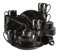 Set de vaisselle en porcelaine, design noir et or élégant, convient pour 4-12 personnes, 32 PIÈCES