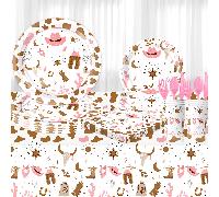 Set de vaisselle jetable thème western cowgirl, motif rose de cowgirl de bande dessinée, comprenant des assiettes en papier de 7/9 pouces, des serviettes, des gobelets, une nappe, convenant pour un an