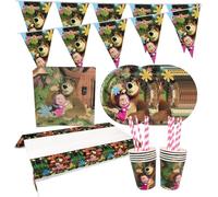 Set de Vaisselle Masha, 52 Pièces Masha et l'ours Set de Vaisselle, Masha table de Fête D'anniversaire, Assiettes Tasses Serviettes Pailles Nappe Drapeaux de Triangle, Vaisselle pour Fêtes d'enfants