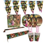Set de Vaisselle Masha, 52 Pièces Masha et l'ours Set de Vaisselle, Masha table de Fête D'anniversaire, Assiettes Tasses Serviettes Pailles Nappe Drapeaux de Triangle, Vaisselle pour Fêtes d'enfants