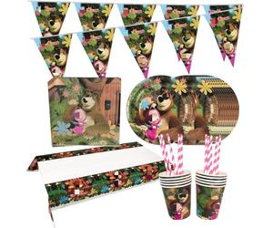 Set de Vaisselle Masha, 52 Pièces Masha et l'ours Set de Vaisselle, Masha table de Fête D'anniversaire, Assiettes Tasses Serviettes Pailles Nappe Drapeaux de Triangle, Vaisselle pour Fêtes d'enfants