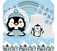 Set de vaisselle Penguin Party 61 pièces, décorations pour fêtes d'hiver pour enfants, comprenant des gobelets en papier, des assiettes en carton, des serviettes et une nappe avec motif pingouin, pour