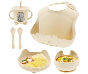 Set de vaisselle pour bébé 6 pièces en silicone avec ventouse antidérapante - Assiettes pour enfants - Bols pour enfants - Gobelets à paille, bavoir, fourchette, cuillère, pour bébé qui mange de