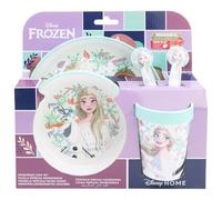 Set de vaisselle pour enfant réutilisable antidérapant avec base en silicone bicolore composé d'assiette, bol, verre et couverts dans une boîte La Reine des Neiges