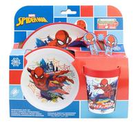 Set de vaisselle pour enfant réutilisable antidérapant avec base en silicone bicolore composé d'assiette, bol, gobelet et couverts dans une boîte Spiderman