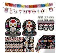 Set de vaisselle pour fête d'Halloween, 62 pièces pour le Jour des morts, set de vaisselle de table, assiettes en papier, tasses, nappes, serviettes, bannières, pailles pour décoration de fête d'horre