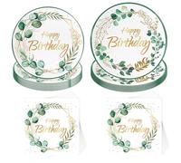 Set de vaisselle pour fête vert eucalyptus, 40 pièces de feuilles d'eucalyptus, set de vaisselle pour décoration d'anniversaire, assiettes en carton vert doré pour baptême de bébé, vaisselle pour