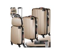 Set de valises trolley rigides 4 pièces, 3 trolleys et une trousse de beauté en plastique ABS robuste champagne