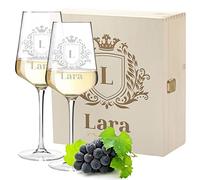 Set de vin 3 pièces avec Gravure personnalisée - Motif Armoiries - 2 Verres à vin Blanc Leonardo Puccini 560 ML, 1 boîte en Bois - Durable - Boîte en Bois - Boîte en Bois - Cadeau DIY
